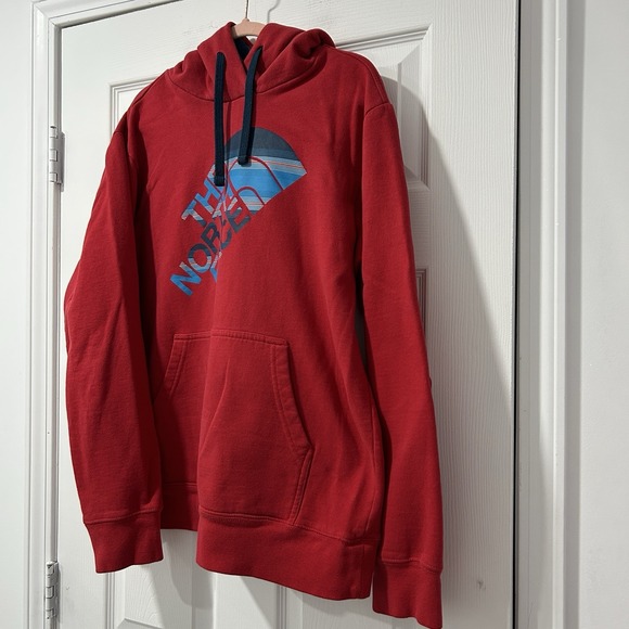 The North Face Men's Size Large Hooded Sweatshirt Red and Blue Hoodie Pullover - Picture 2 of 10